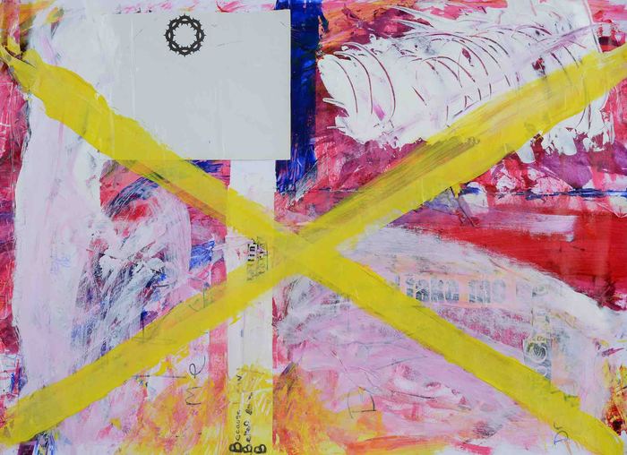 Crossed Out II — Mixed media on canvas · framed, glass front