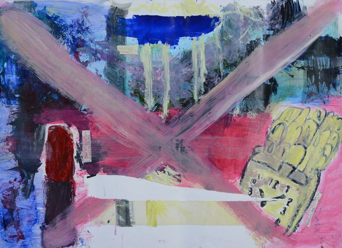 Crossed Out I — Mixed media on canvas · framed, glass front